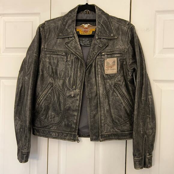 Harley Davidson Distressed Leather Racer Mens Jacket Sz S “An American Legend” - Picture 1 of 14